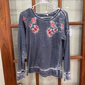 Lucky Brand Floral Embroidered Long Sleeve Top - Charcoal Gray and Peach